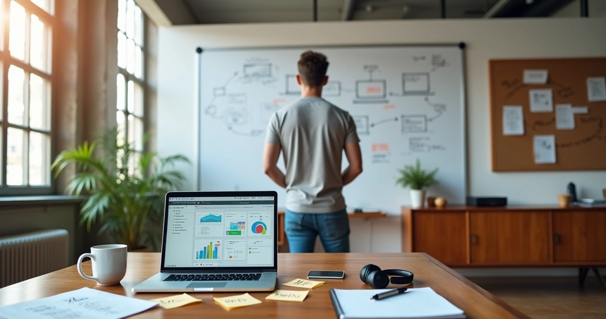 Empreendedor não técnico observando interface de software em quadro branco 