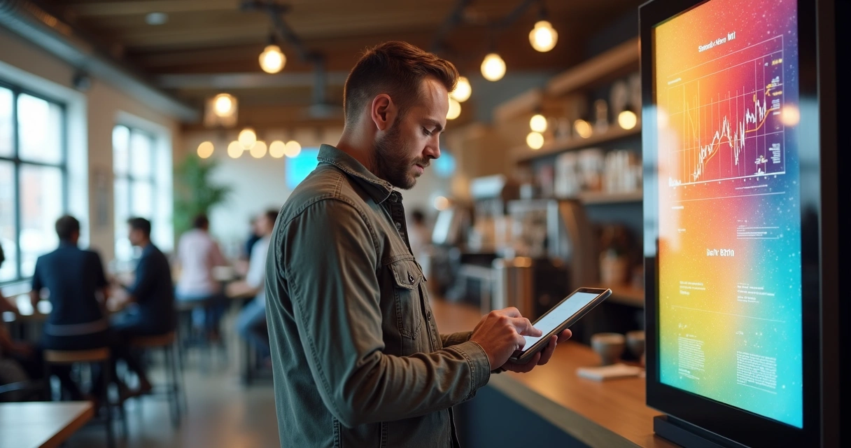 Empreendedor avaliando exibição de anúncios em display digital 