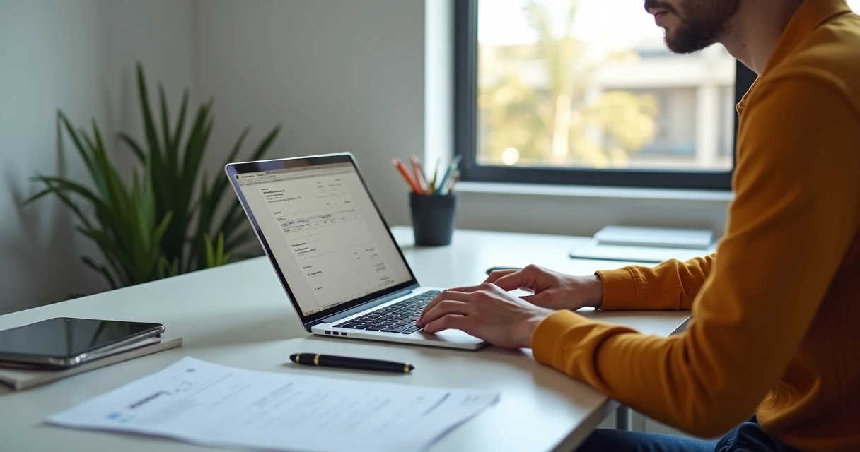 Prestador de serviço usando notebook para emitir nota fiscal em escritório simples 