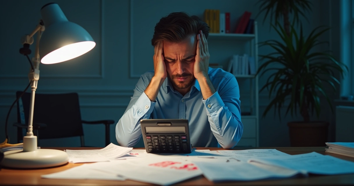 Empreendedor sentado com muitos papéis analisando planilhas financeiras 