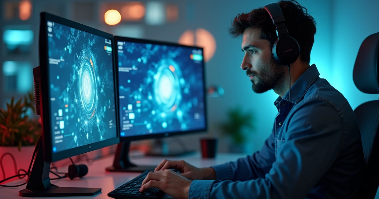 Empreendedor trabalhando em computador com produtos digitais e prateleiras vazias ao fundo 