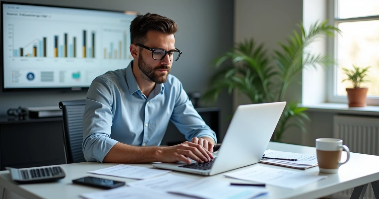 Empreendedor organizando contas digitais e documentos fiscais em ambiente de escritório moderno 