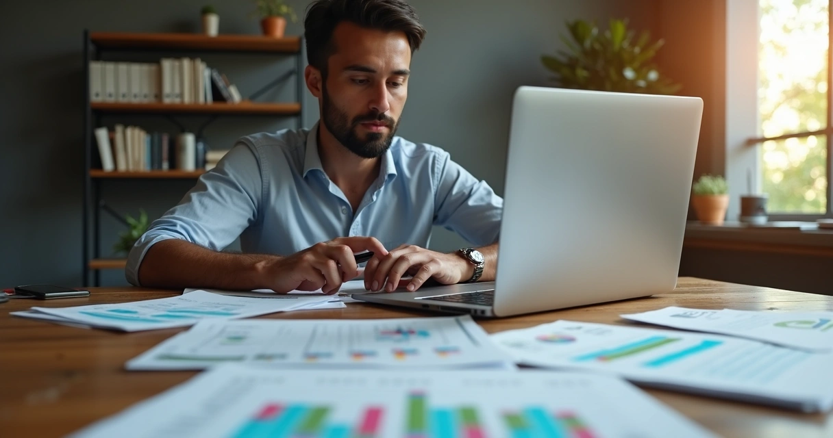 Empreendedor sentado à mesa organizando documentos financeiros e usando laptop com gráficos de despesas 