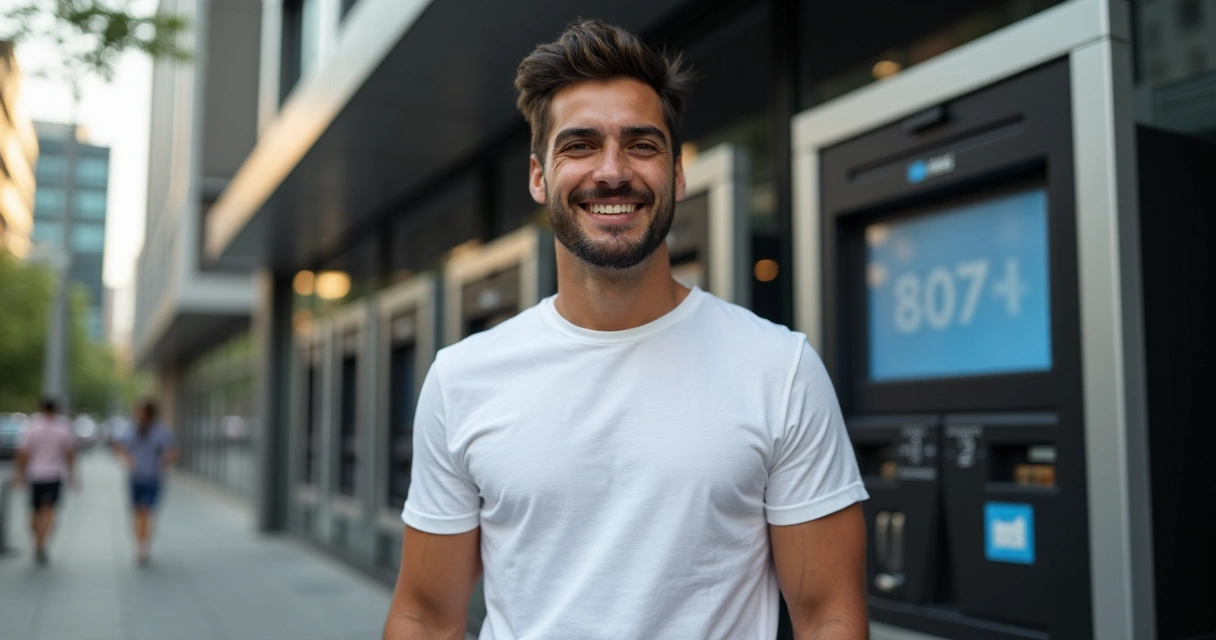 Empreendedor feliz mostrando maquininha de pagamento com marca própria 