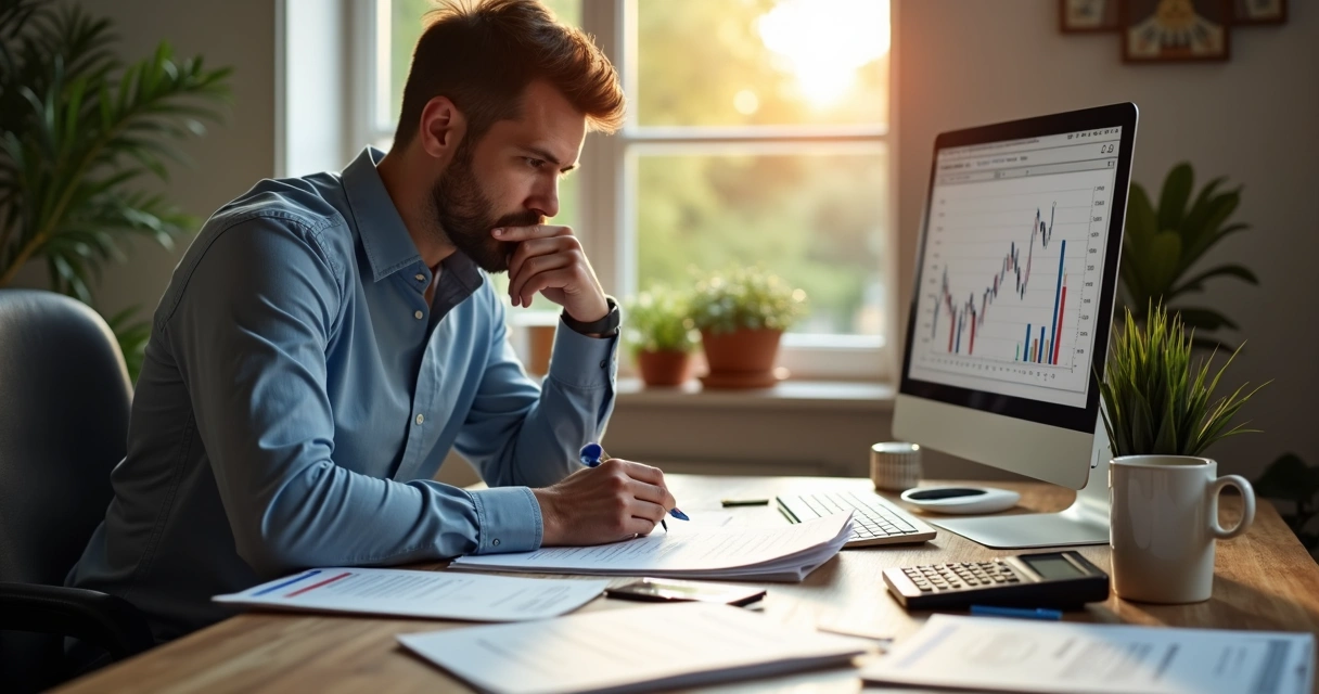 Empreendedor analisando boletos e impostos da empresa em seu escritório 