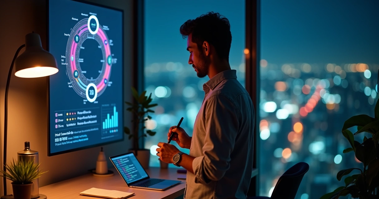 Empreendedor analisa painel digital com ciclo contínuo de feedback de clientes 