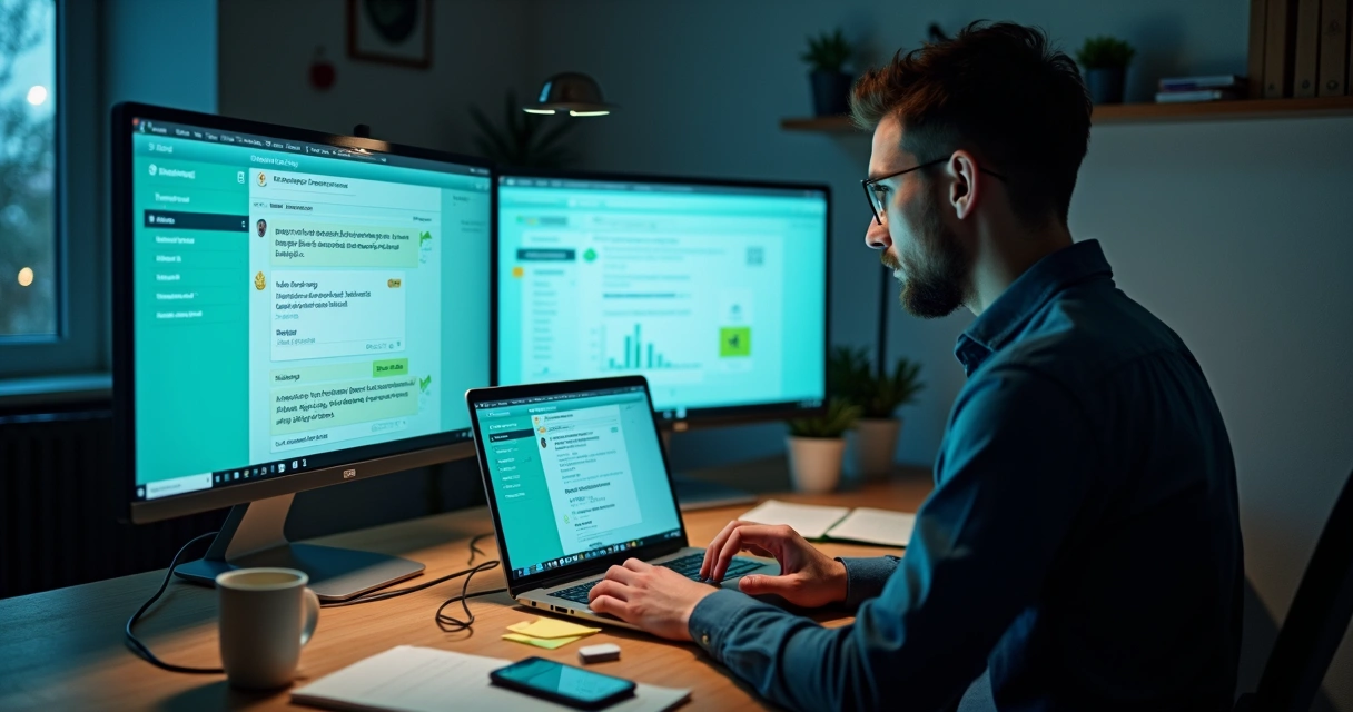 Empreendedor em pequeno escritório usando automação de atendimento por WhatsApp no notebook 