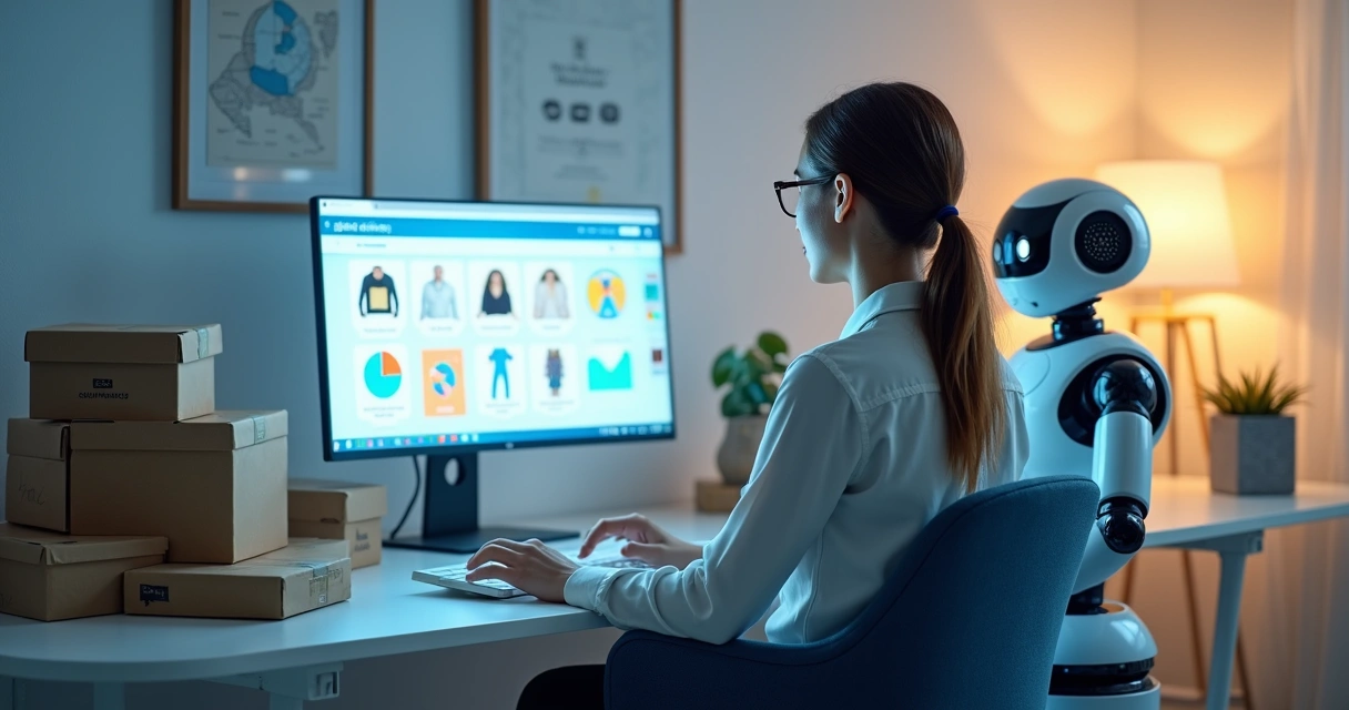 Pequeno empreendedor em loja virtual analisando painel de vendas ao lado de robô de IA