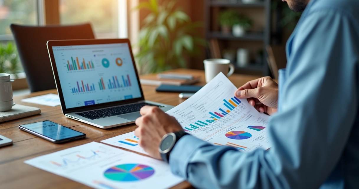 Empreendedor analisando gráficos e planos de negócios em escritório moderno para tomada de decisão estratégica 