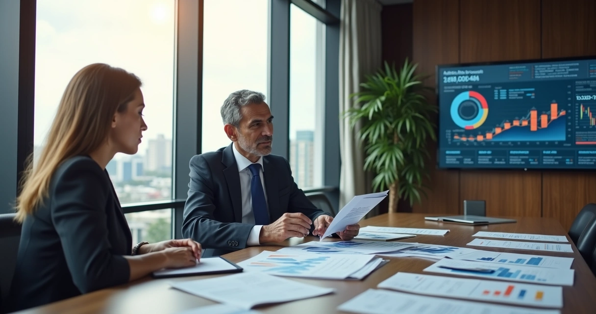 Empresário brasileiro revisando plano financeiro com documentos na mesa 