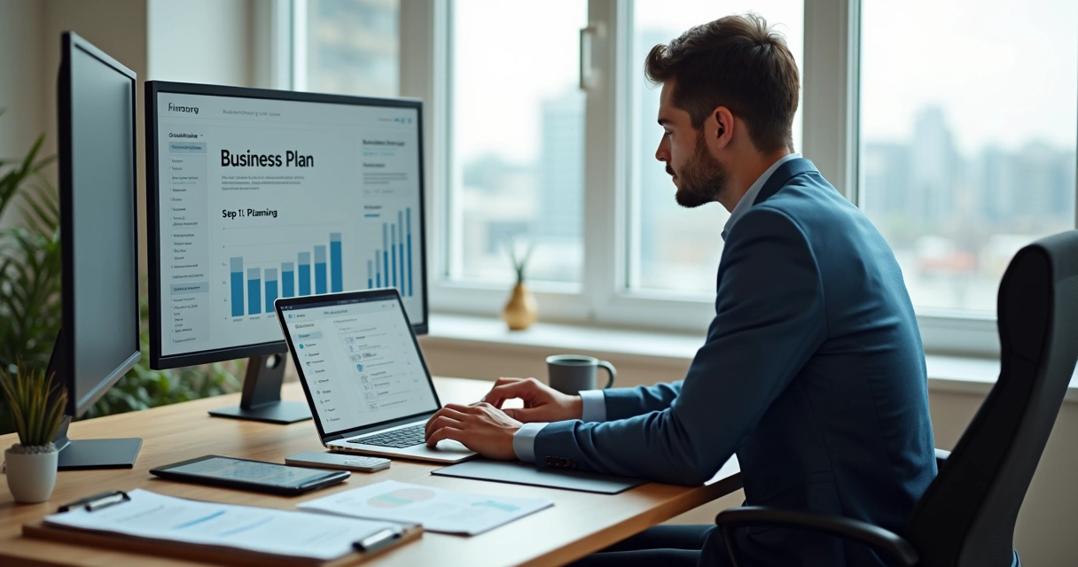 Empreendedor planejando abertura de empresa digital em escritório moderno 