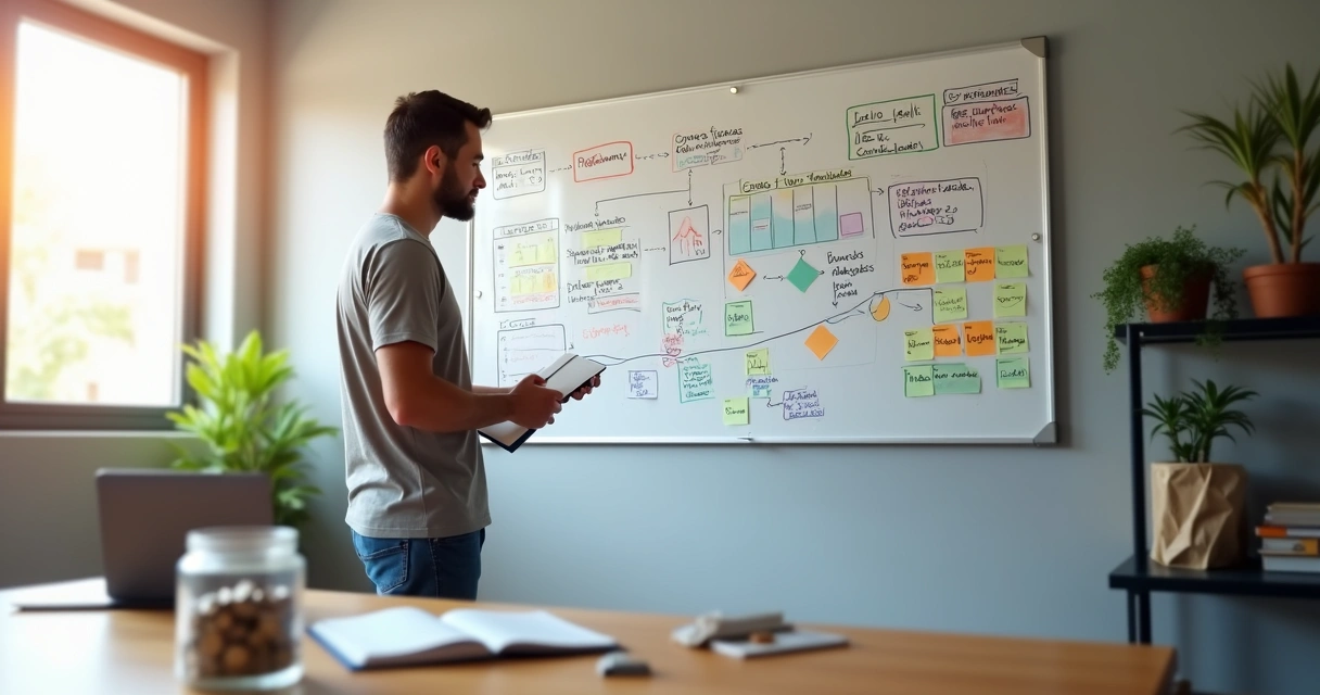 Empreendedor brasileiro organizando finanças de novo negócio em quadro branco colorido 