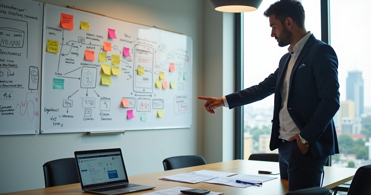 Empreendedor analisando quadro com custos e fluxos para criação de fintech 