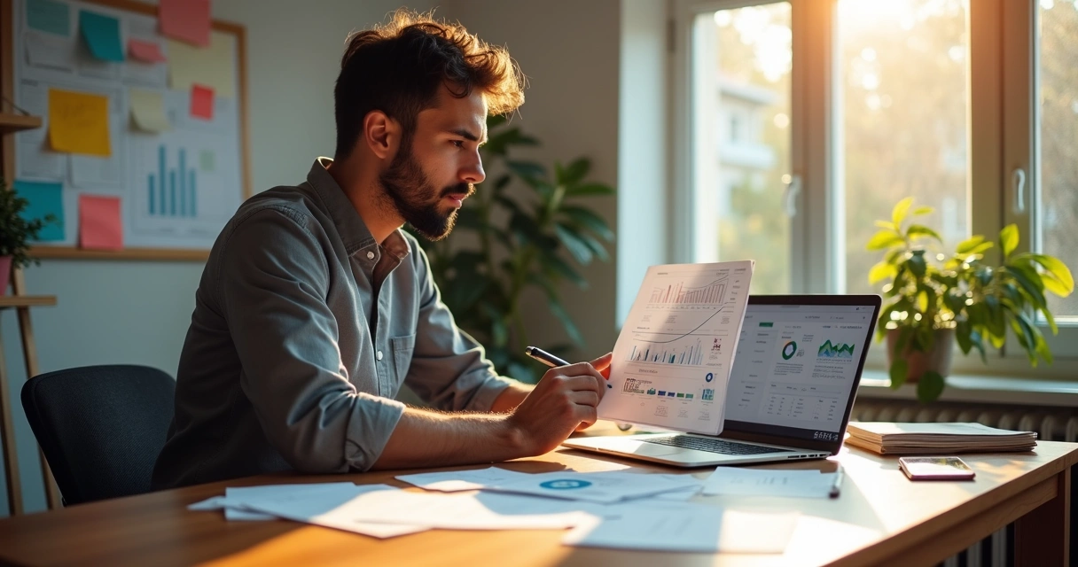 Empreendedor analisando documentos e planejando e-commerce 
