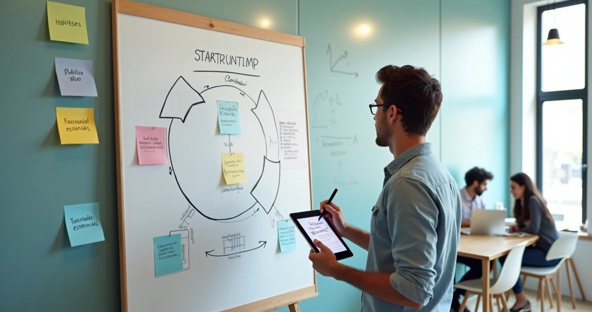 Empreendedor analisando quadro branco com fluxo de MVP e validação de ideia 