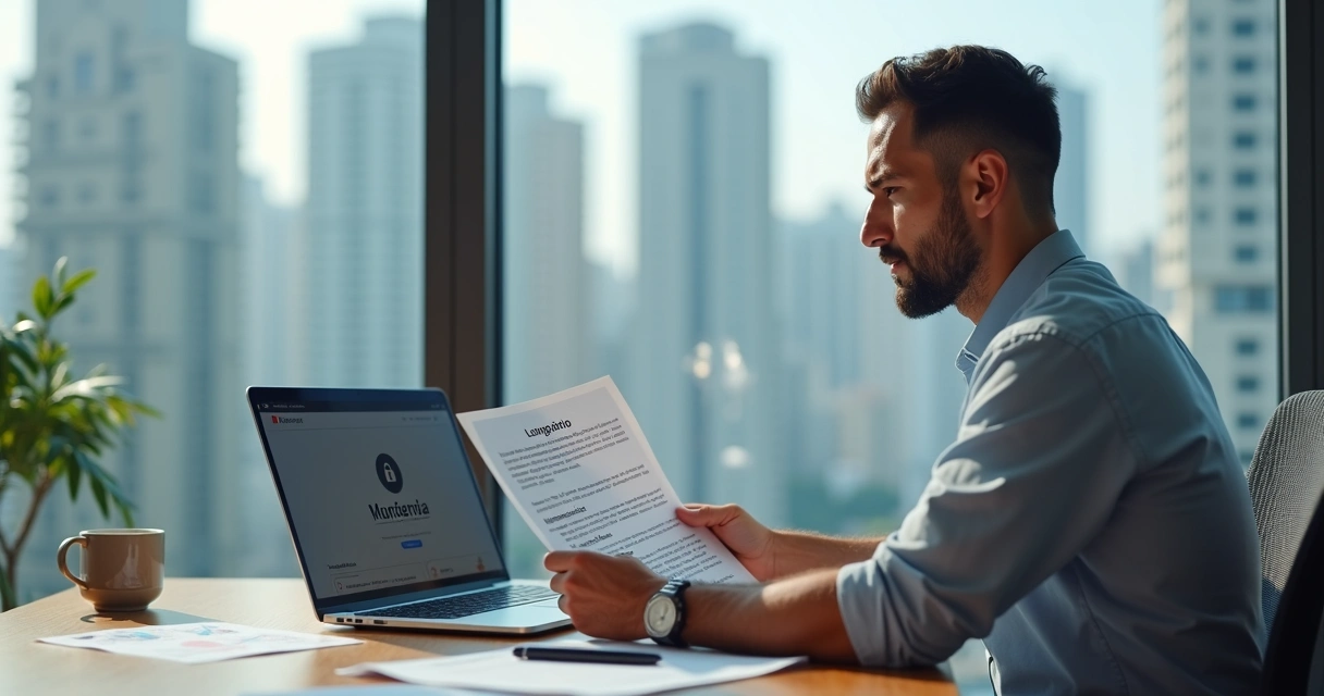 Empreendedor preocupado olhando para contrato de marca não registrada em escritório moderno 