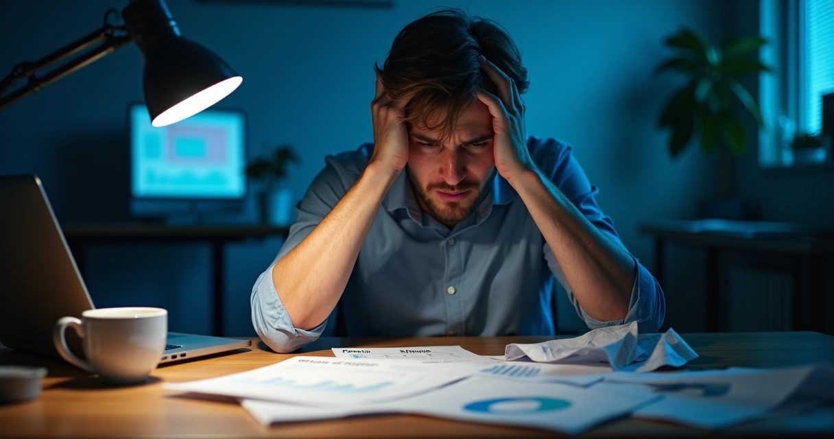 Empreendedor preocupado revisando plano de negócio 