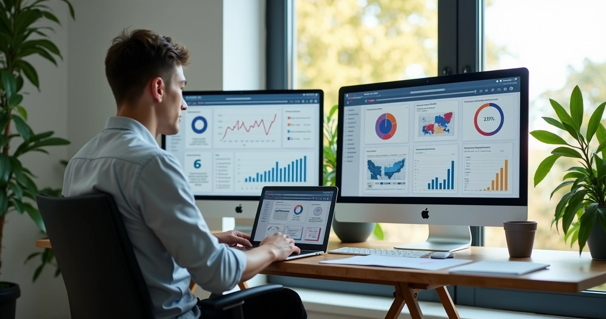 Jovem administrando campanhas de publicidade digital em casa 