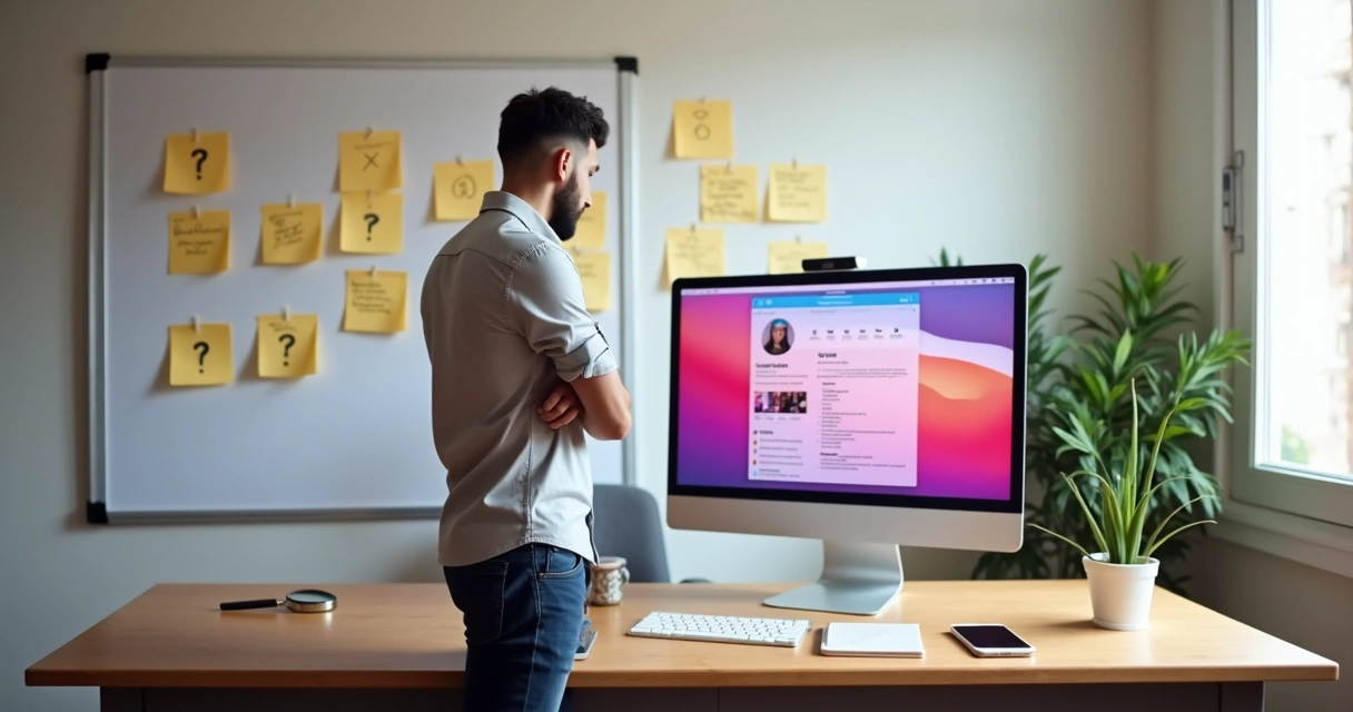 Empreendedor observando quadro com perguntas ao lado de tela de Instagram 