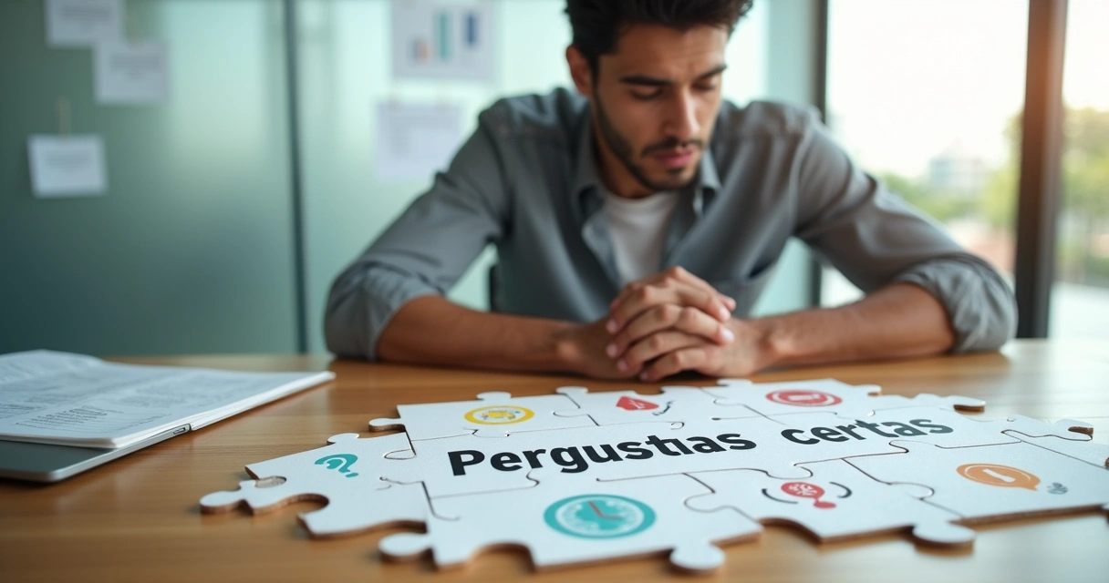 Empreendedor montando quebra-cabeça com ícones de dúvidas e objeções de clientes 