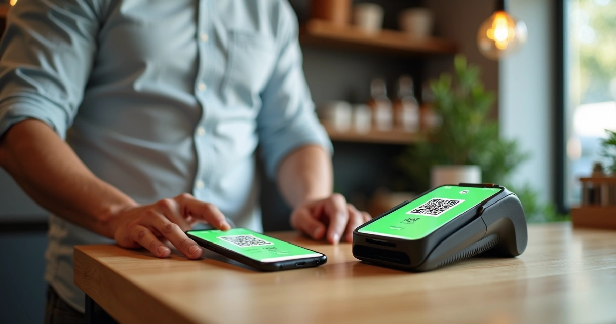 Empreendedor usando maquinha e celular para receber pagamento via Pix com QR Code 