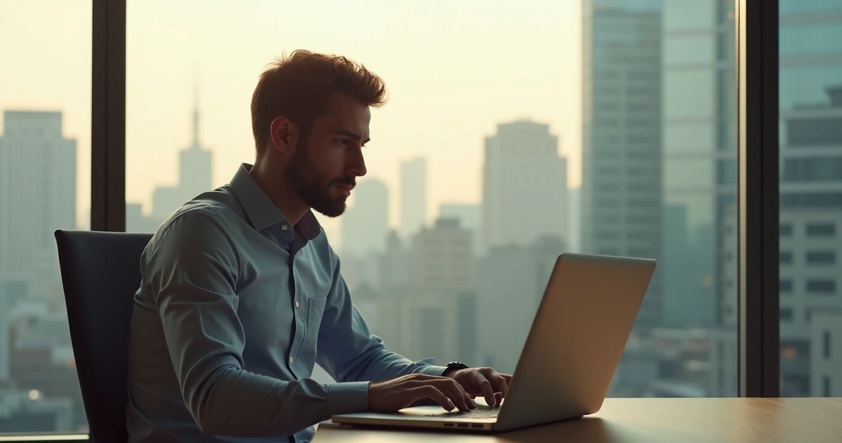 Empreendedor com expressão pensativa sentado sozinho em escritório moderno 