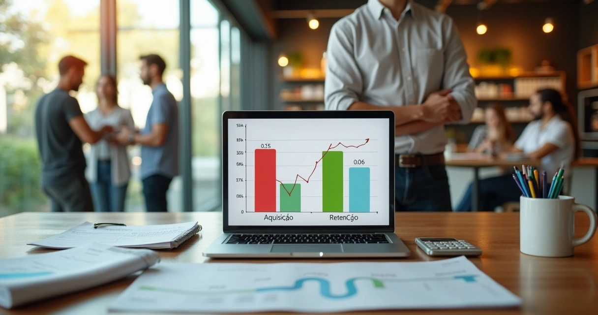 Empreendedor analisando custo de retencao e aquisicao de clientes em graficos 