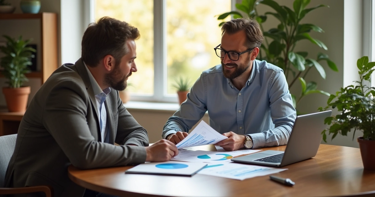 Empreendedor em reunião com consultor contábil analisando gráficos
