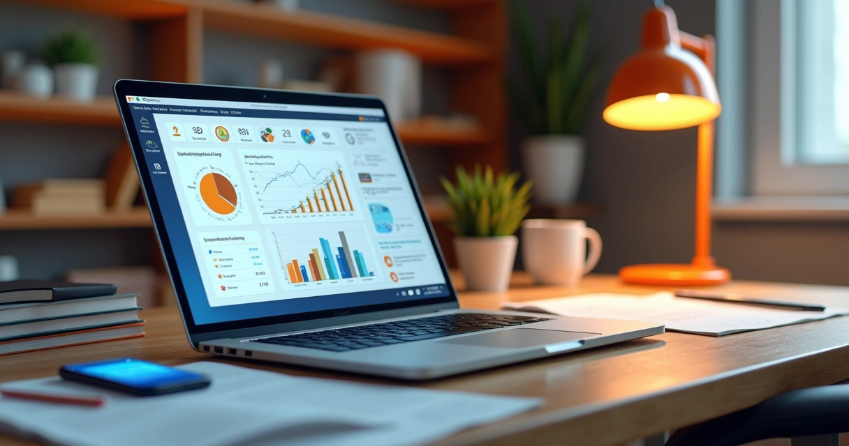 Empreendedor trabalhando em laptop com gráficos de vendas e documentos digitais de PLR 