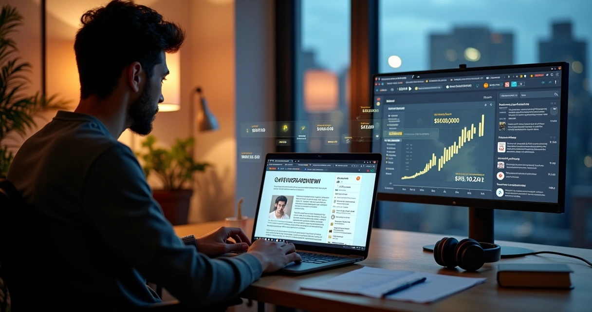 Empreendedor analisa reviews de cursos online em notebook com gráficos de lucro aparecendo 