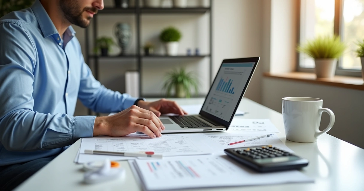 Empreendedor revisando documentos financeiros e pagamentos de impostos em escritório moderno 