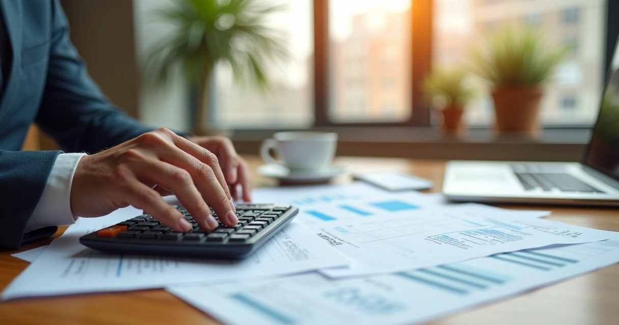 Empreendedor analisando documentos e calculadora em mesa de escritório organizada