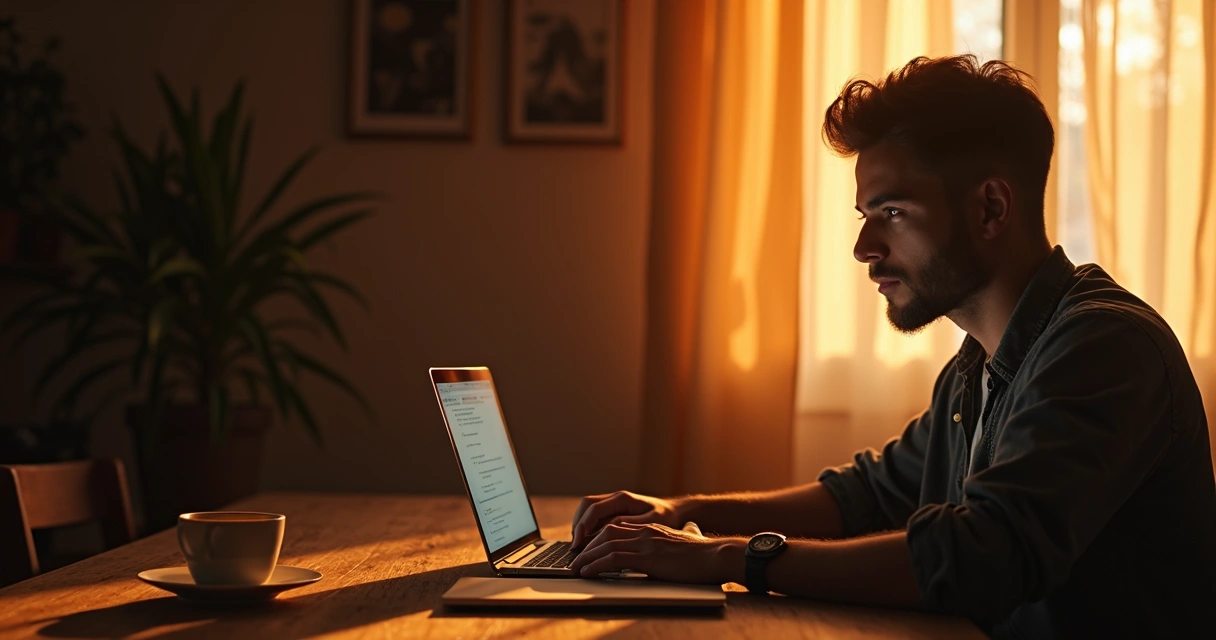 Empreendedor home office cansado com computador ao entardecer 