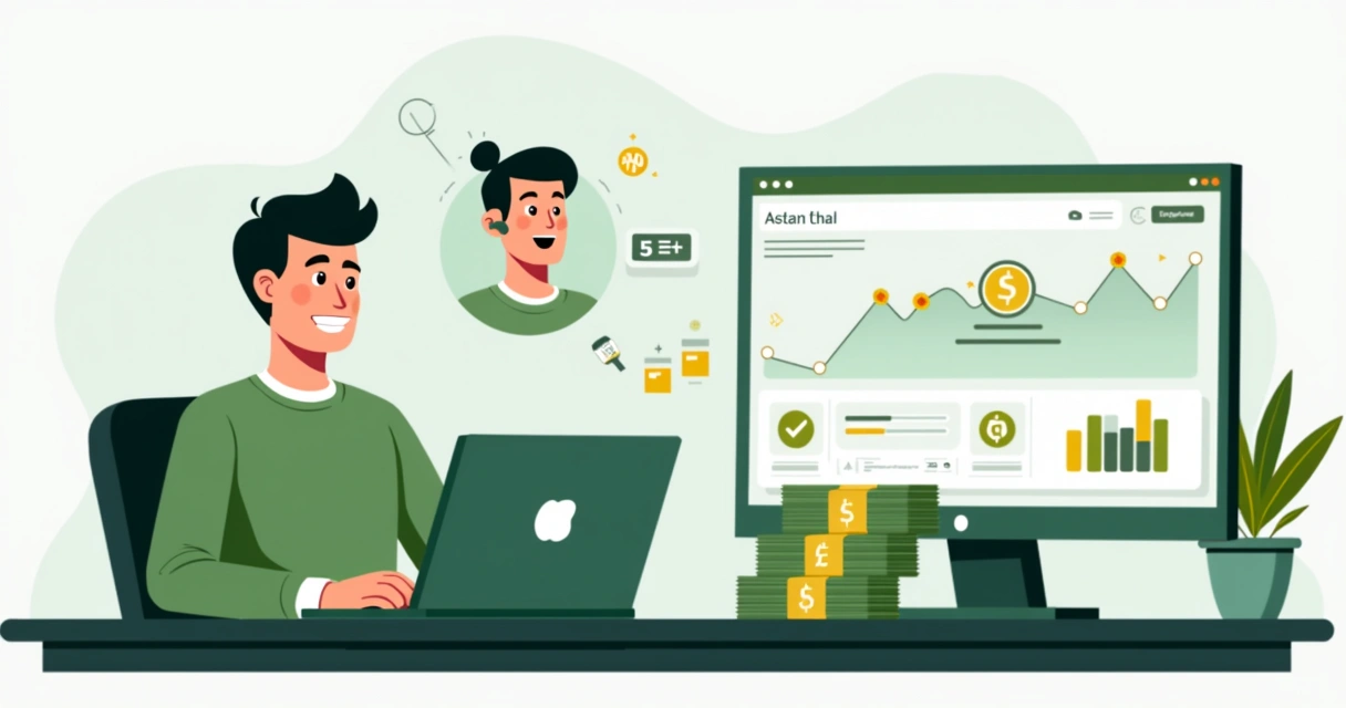 Empreendedor sorridente usando notebook com painel HyperCash 