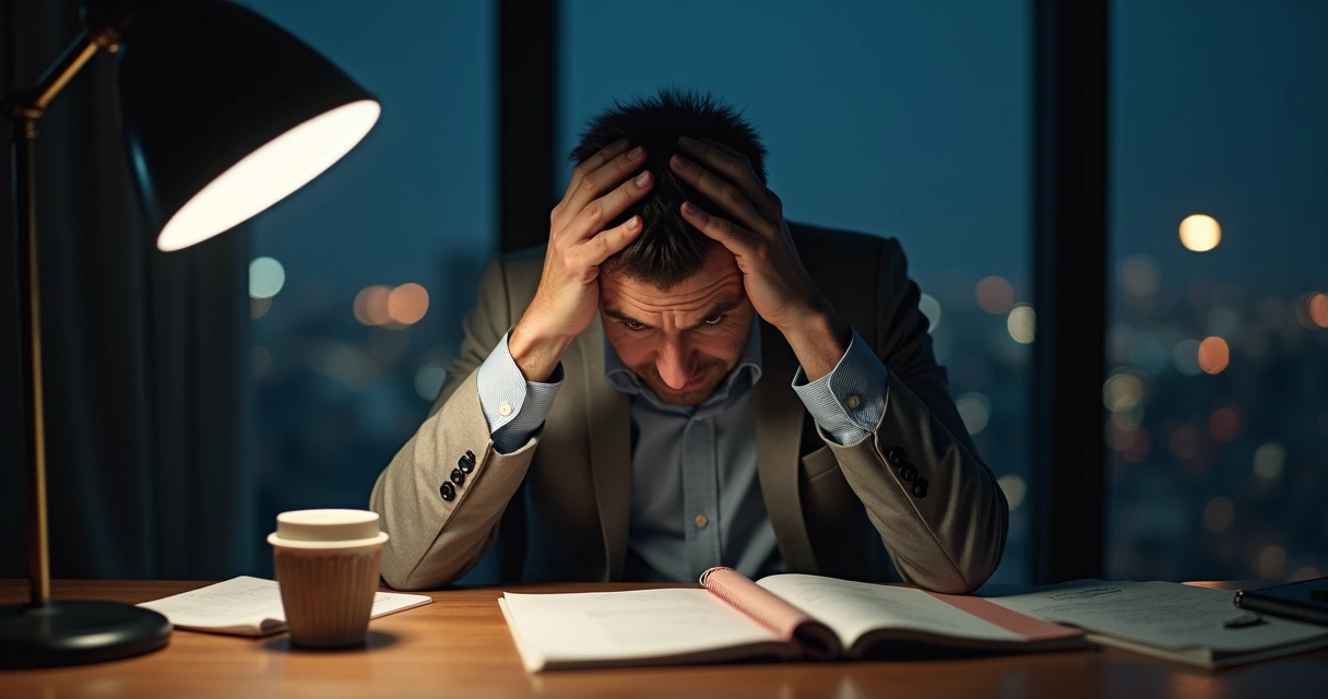 Empresário sentado sozinho, olhando para baixo, refletindo 