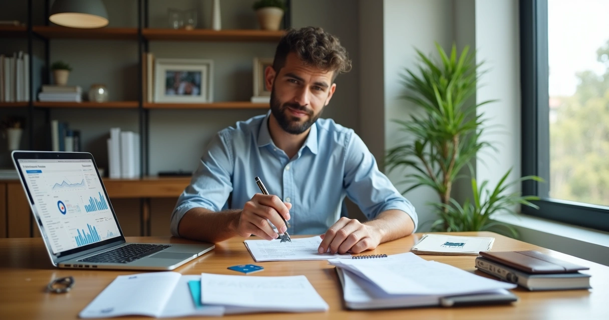 Empreendedor separando finanças da empresa e pessoais em mesa organizada 