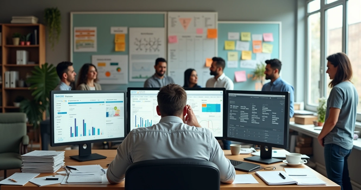 Empreendedor sozinho em mesa cheia de tarefas e equipe ao fundo esperando alinhamento 