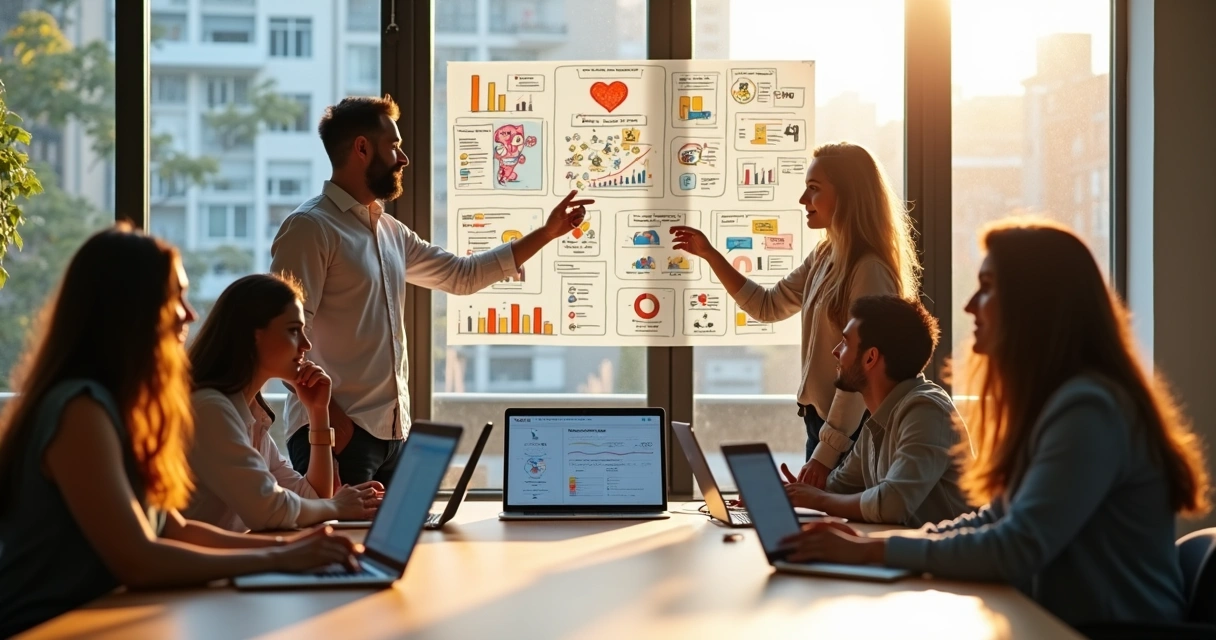 Empreendedor social em reunião avaliando impacto humano e resultados em um quadro de anotações 