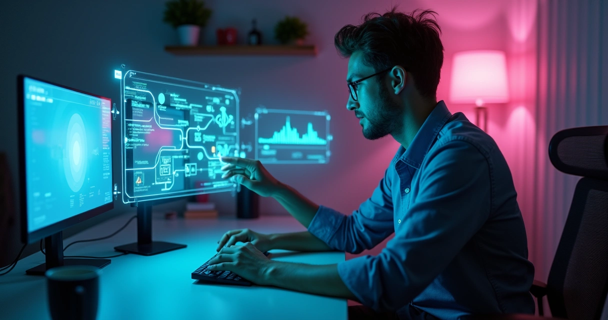 Empreendedor solo em sala escura operando múltiplos painéis holográficos de automação 