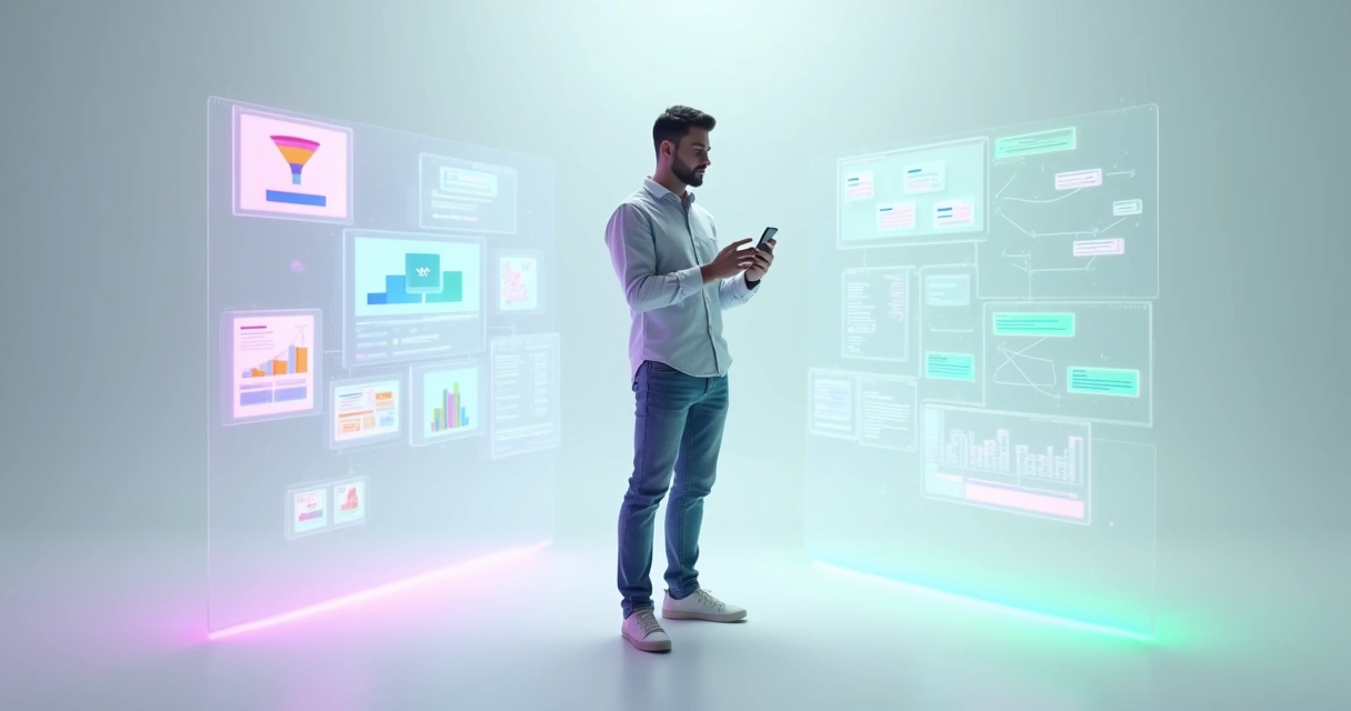Empreendedor solo em frente a vários painéis digitais de ferramentas e automação 
