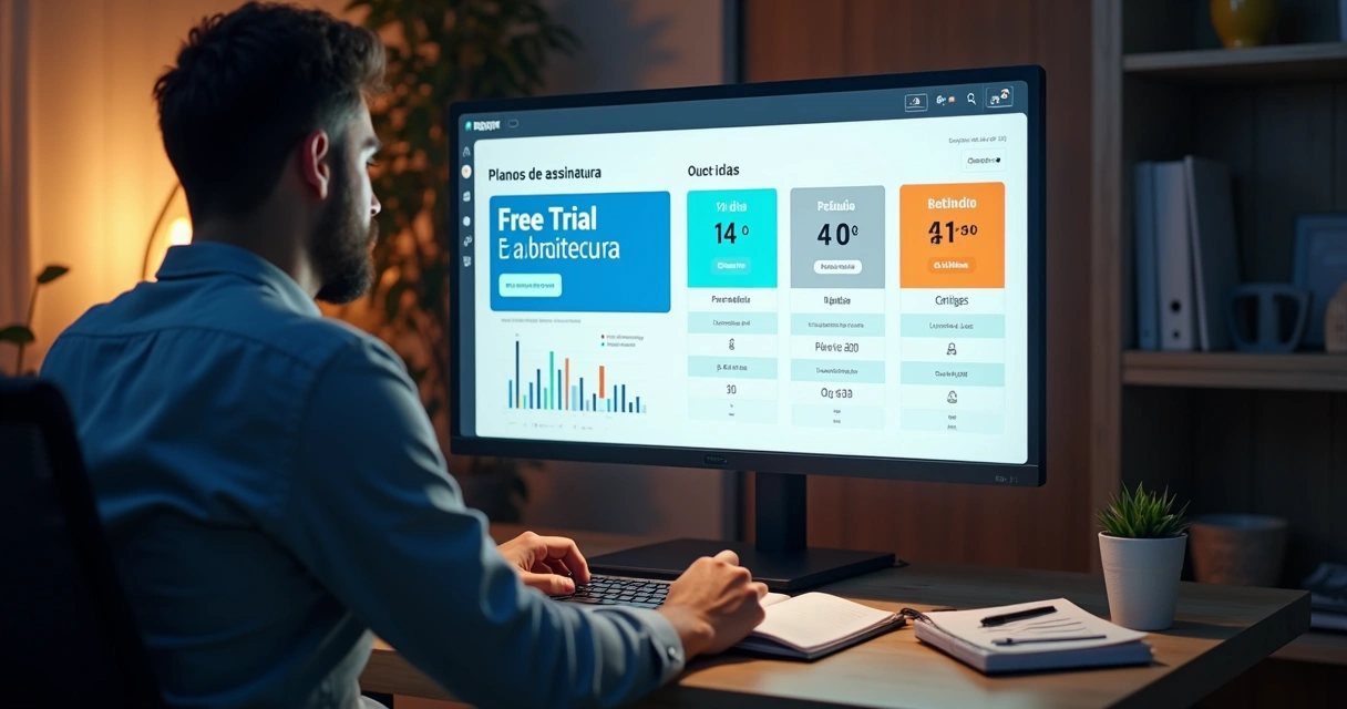 Empreendedor ajustando configuracoes de free trial em painel de software de assinatura 