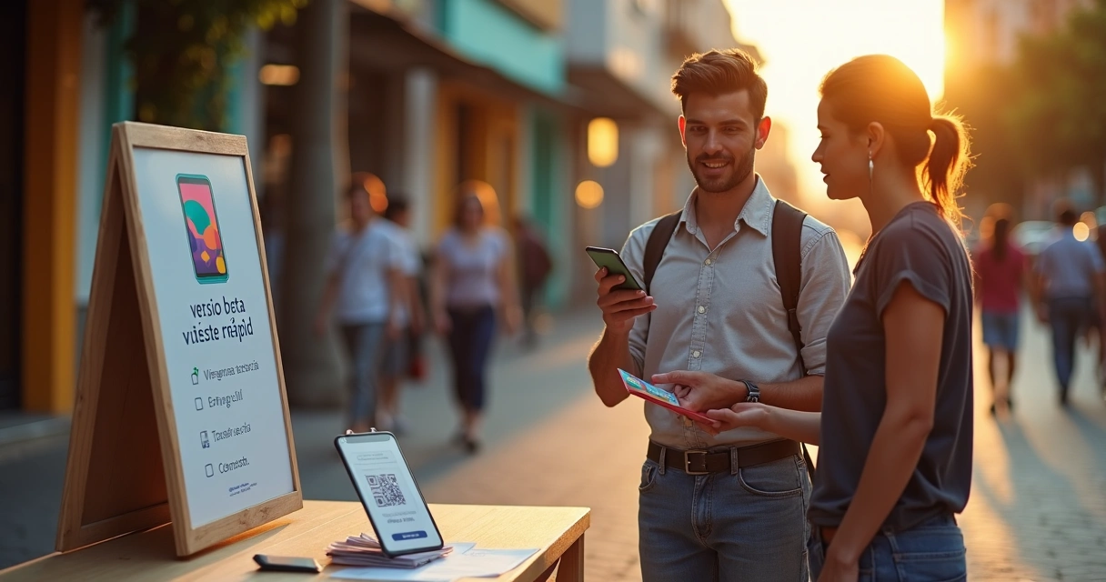 Empreendedor mostra protótipo de aplicativo para consumidores em calçada movimentada 