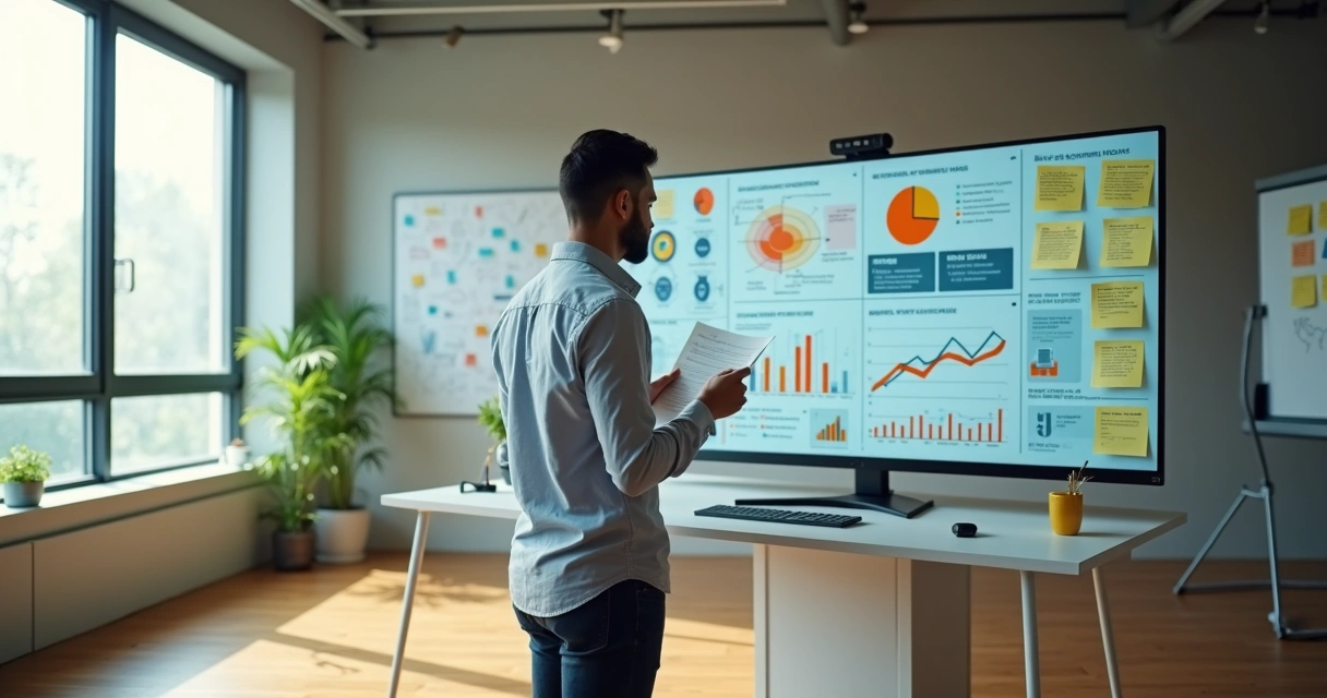 Empreendedor analisa painel com dados de pesquisa de marca em escritório moderno 