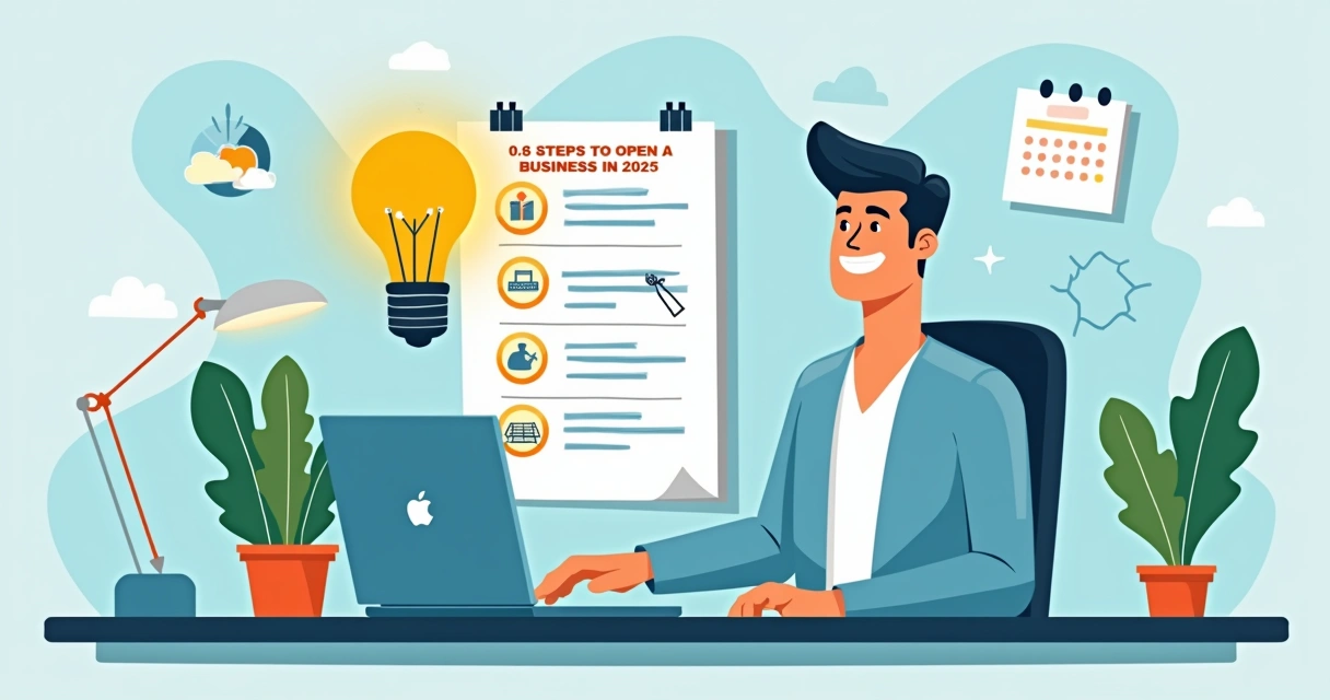 Ilustração corporativa plana de empresário segurando uma lâmpada acesa, simbolizando uma ideia, ao lado de um bloco de notas com uma lista de passos para abrir empresa 
