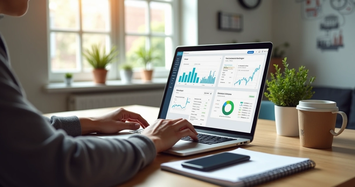 Empreendedor utilizando ferramentas SaaS no laptop em ambiente de trabalho moderno e organizado 