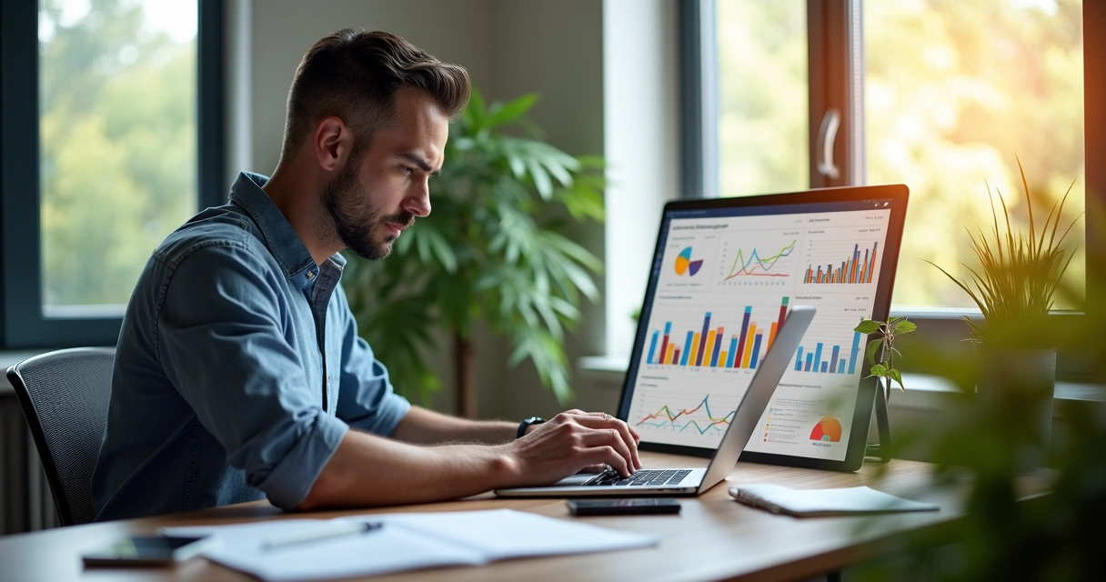 Empreendedor concentrado analisando dados em notebook 