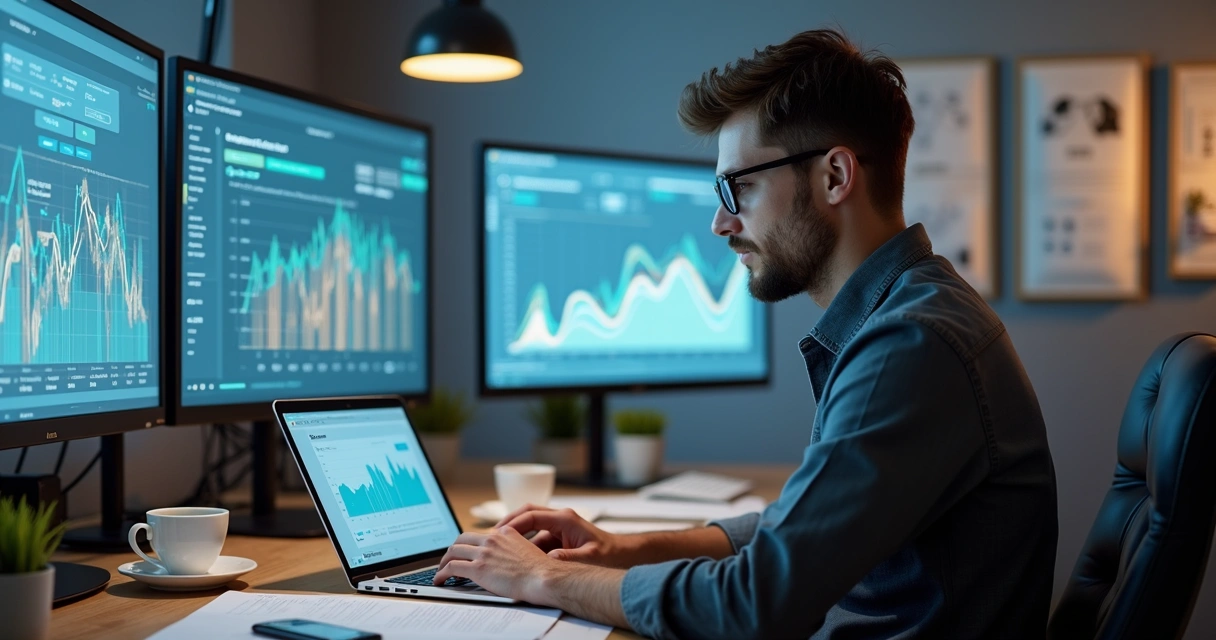 Pessoa administrando negócio digital em notebook 