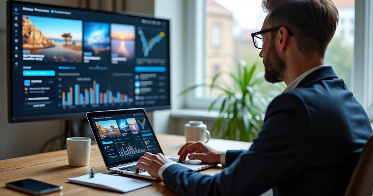 Empreendedor gerenciando displays digitais pelo notebook em casa 