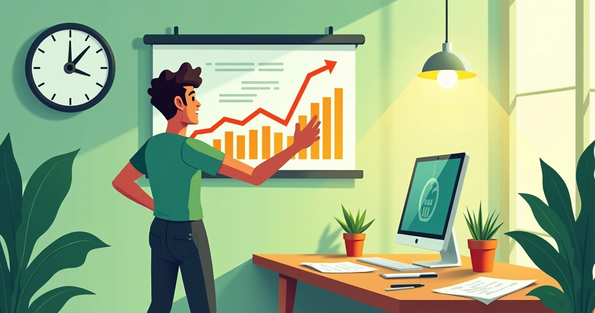 Empreendedor ansioso em sala, analisando gráfico de vendas projetado 