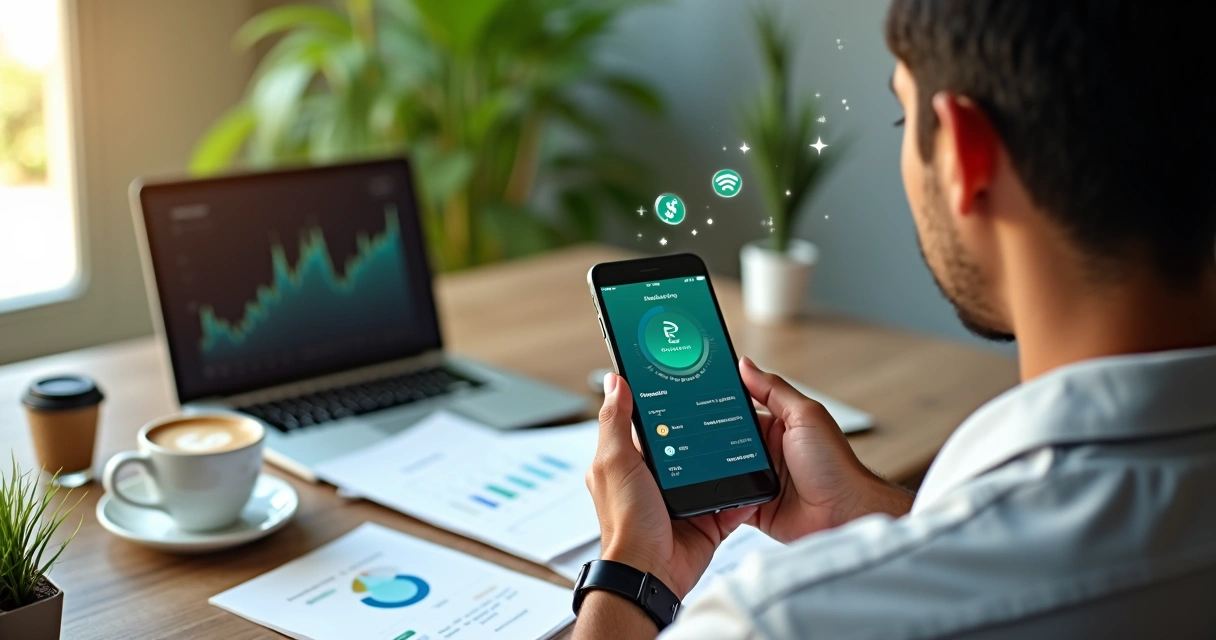 Empreendedor jovem usando aplicativo de conta digital em smartphone, sentado à mesa com computador e papéis
